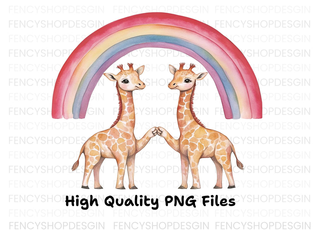 Cute Giraffes Under Rainbow Clipart Bundle