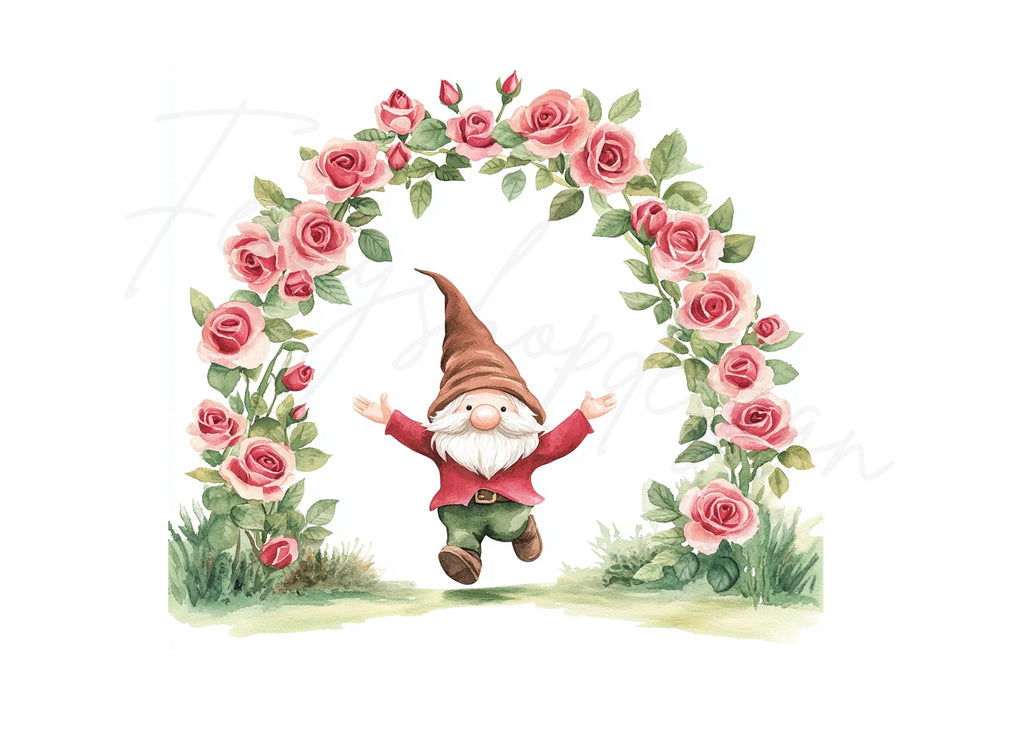 Joyful Gnomes with Rose Arches Clipart Bundle