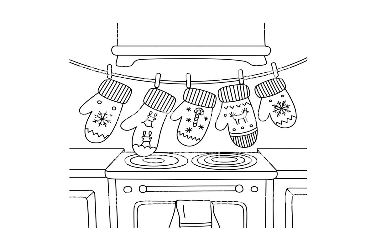 Christmas Mittens Drying on Line Coloring Books