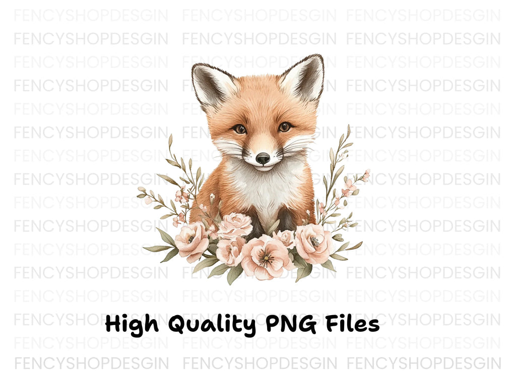 Adorable Fox with Pink Flowers Clipart Bundle
