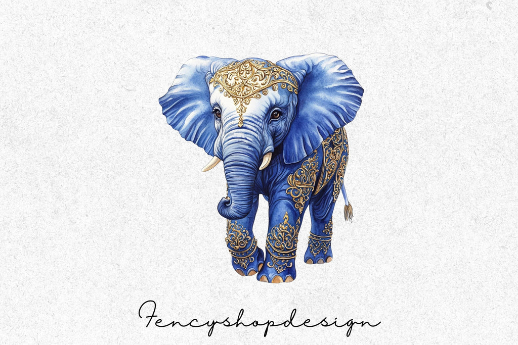 Majestic Blue Gold Elephant Clipart Bundle