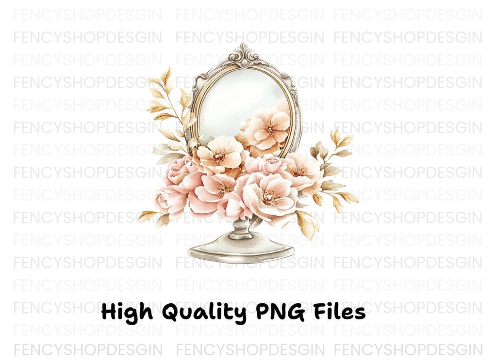 Vintage Mirror with Pink Roses Clipart Bundle