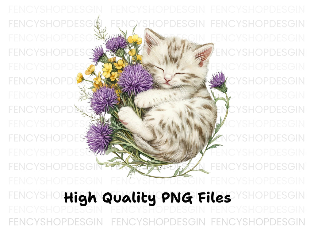 Sleeping Kitten in Wildflower Bouquet Clipart Bundle
