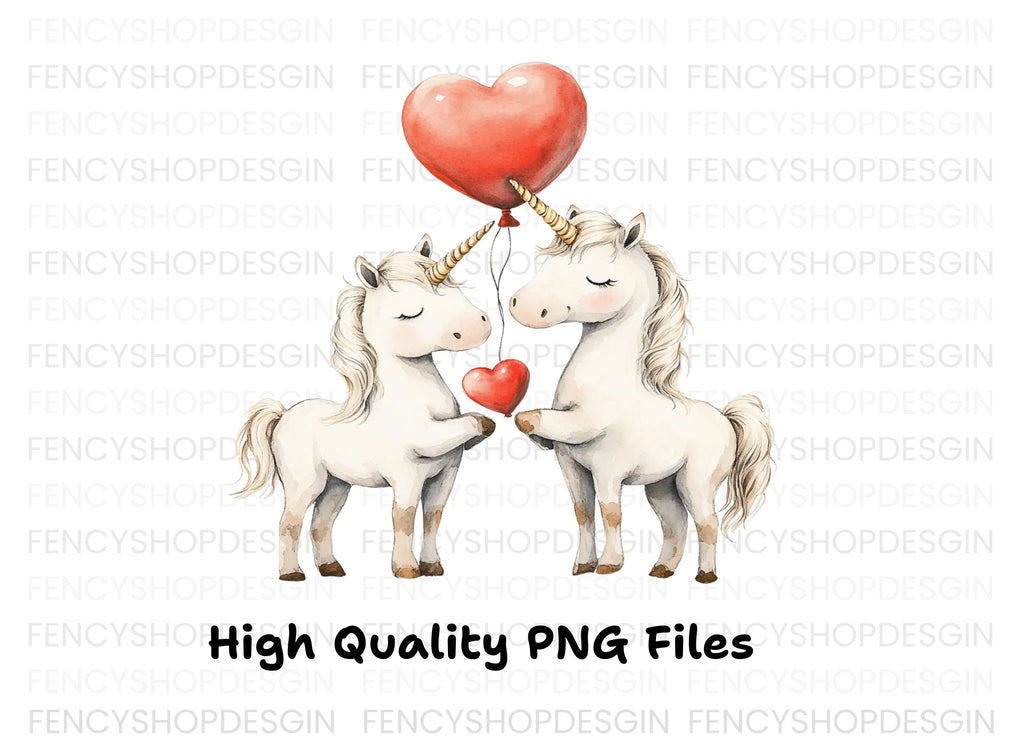 Cute Unicorns with Heart Balloons Clipart Bundle