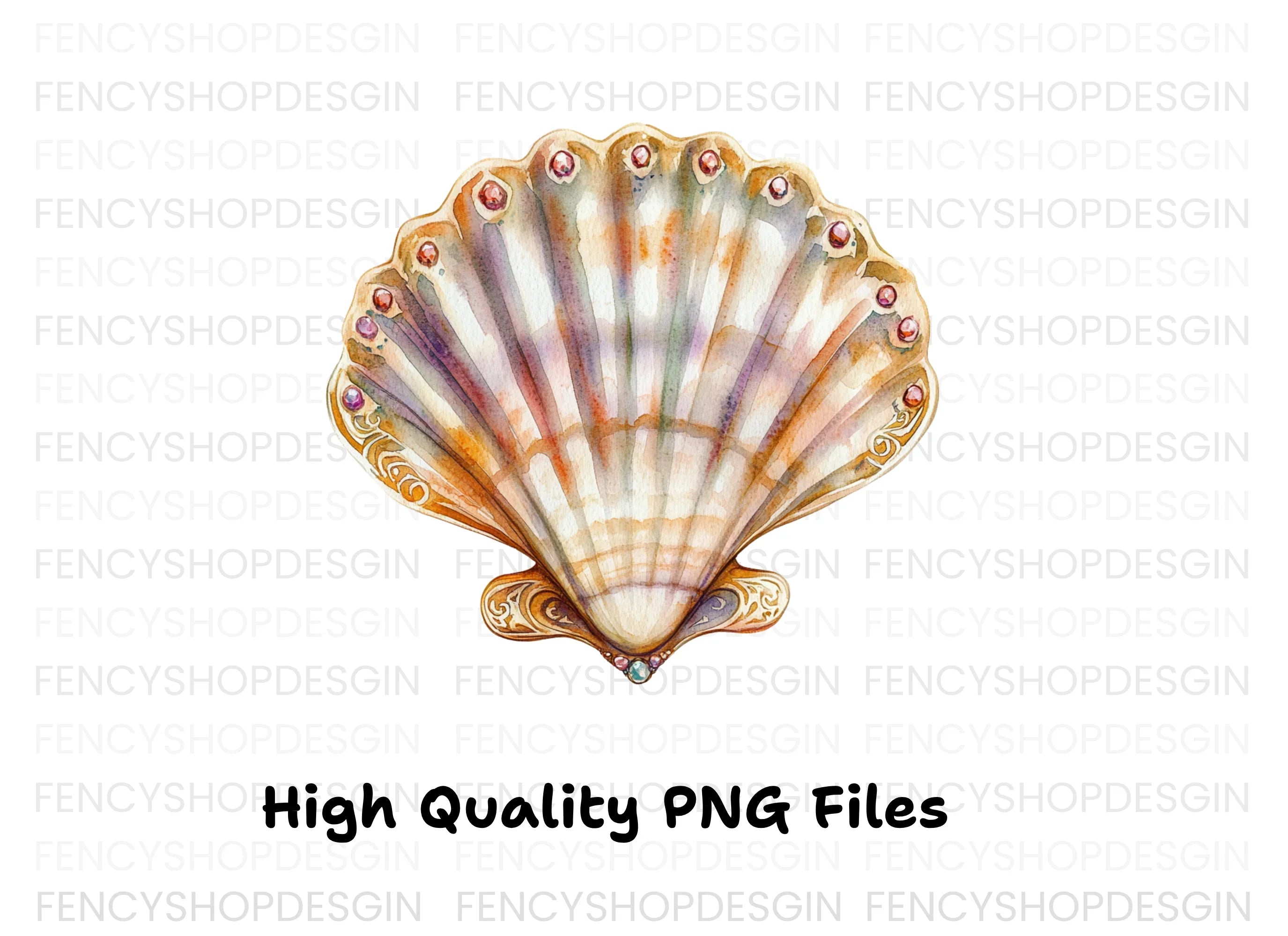 Ornate Scallop Shells with Jewels Clipart Bundle