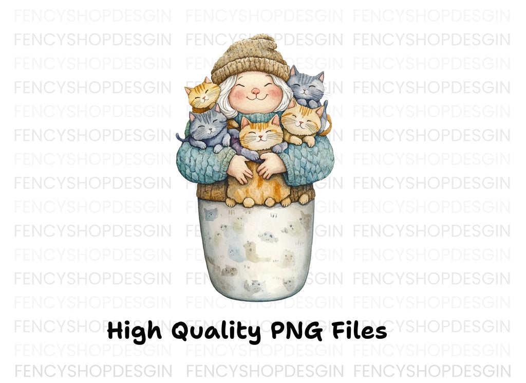 Cozy Girl with Many Cats Clipart Bundle