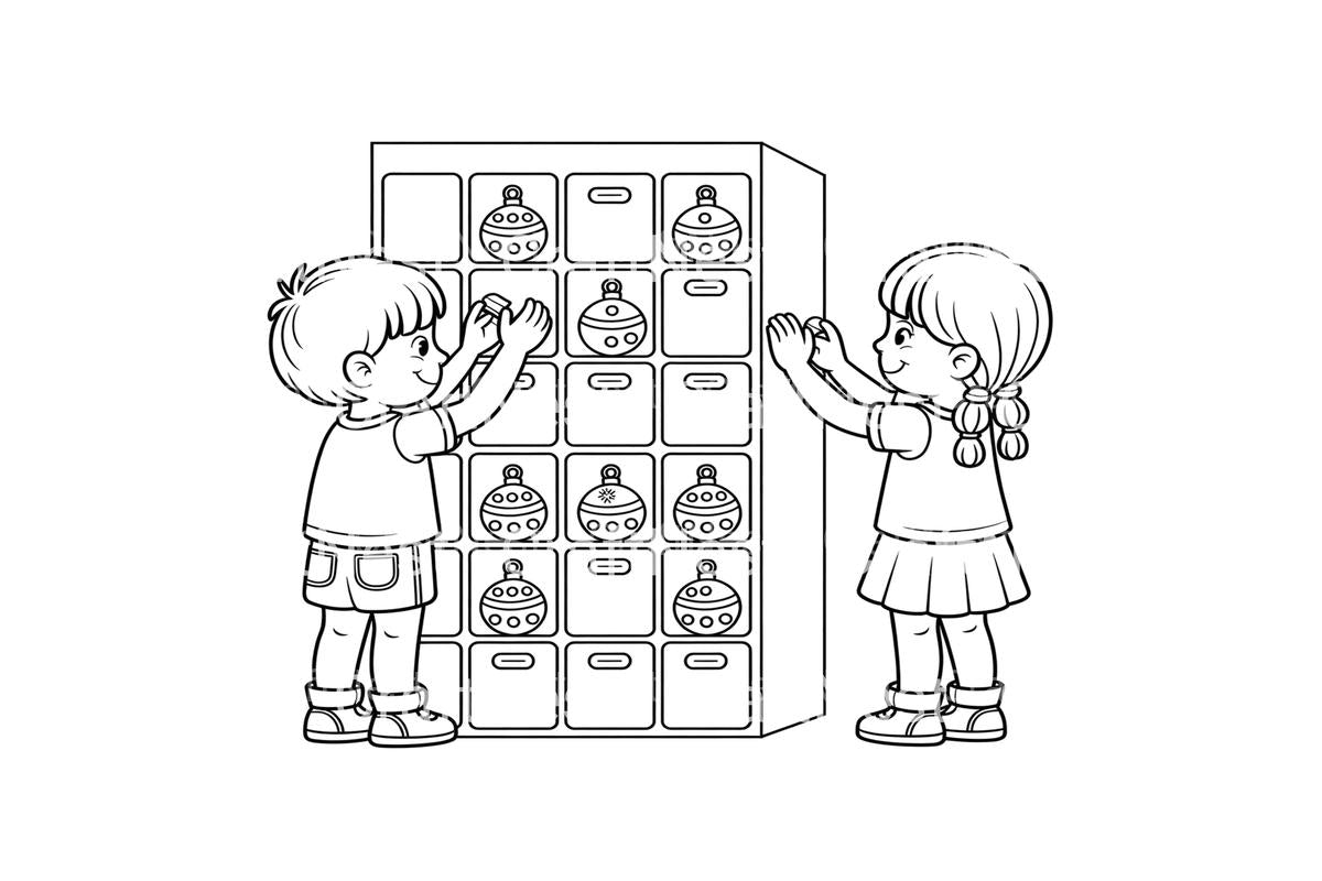 Children Organizing Christmas Decorations Coloring Books