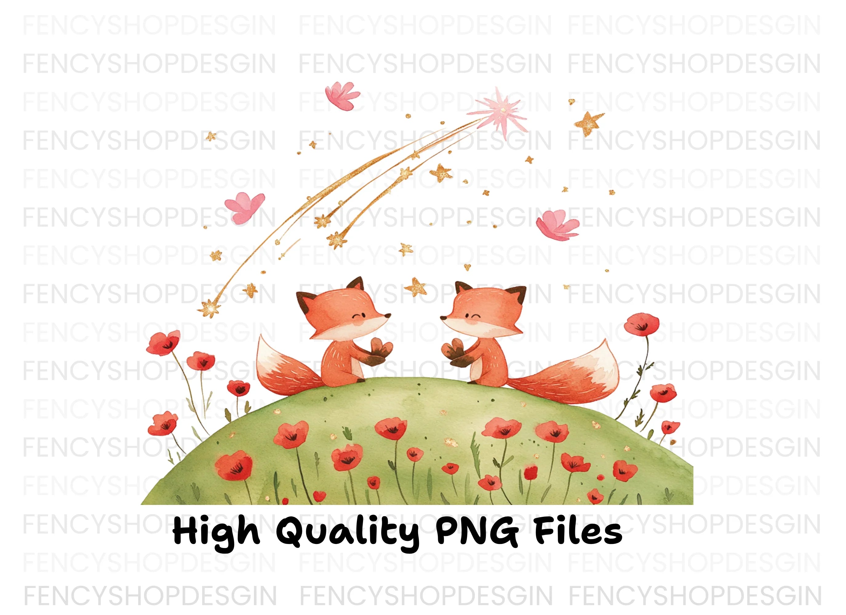 Cute Foxes Under Shooting Star Clipart Bundle