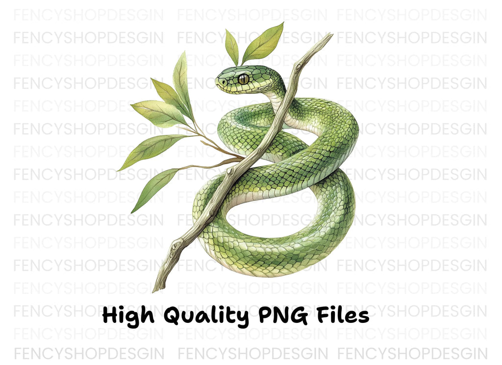 Vibrant Green Snake on Tree Branch Clipart Bundle