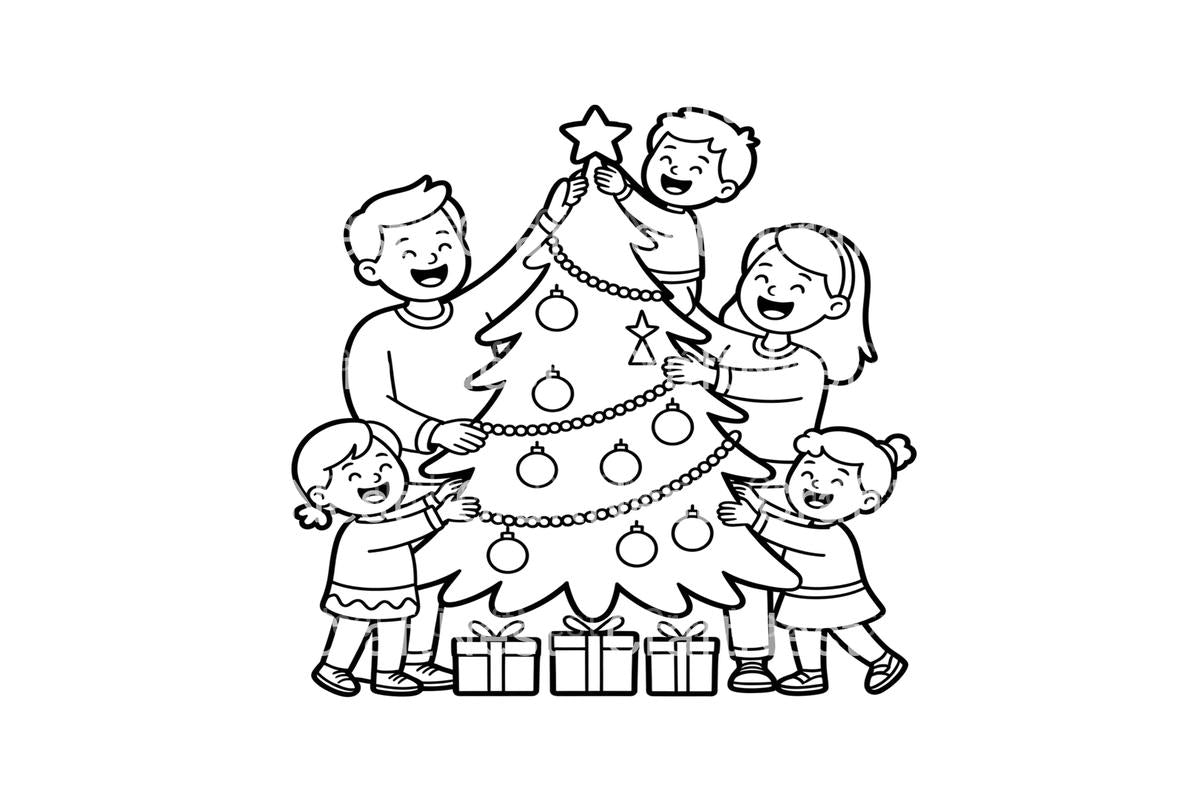Family Decorating Christmas Tree Coloring Books
