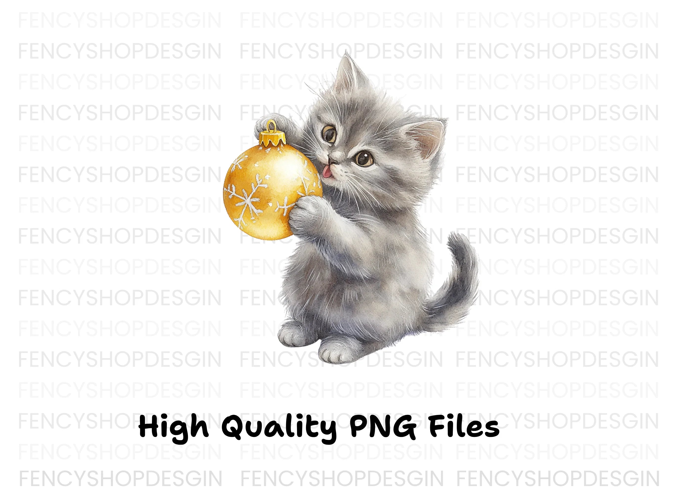 Gray Kittens Playing With Gold Ornaments Clipart Bundle
