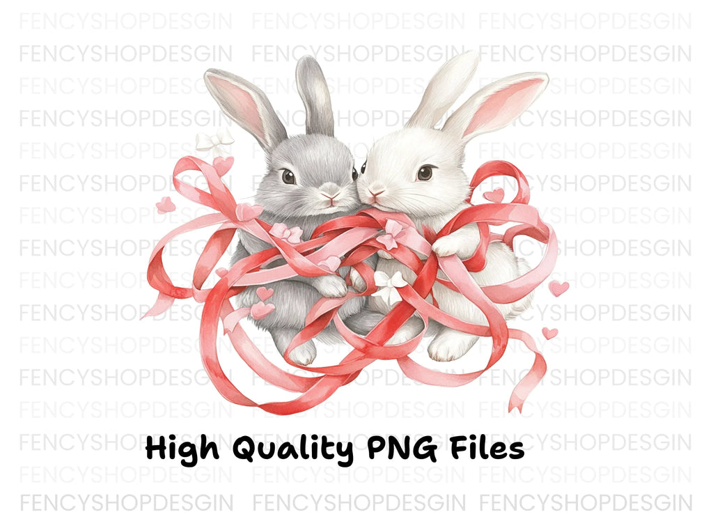 Cute Bunny Couple with Red Ribbons Clipart Bundle