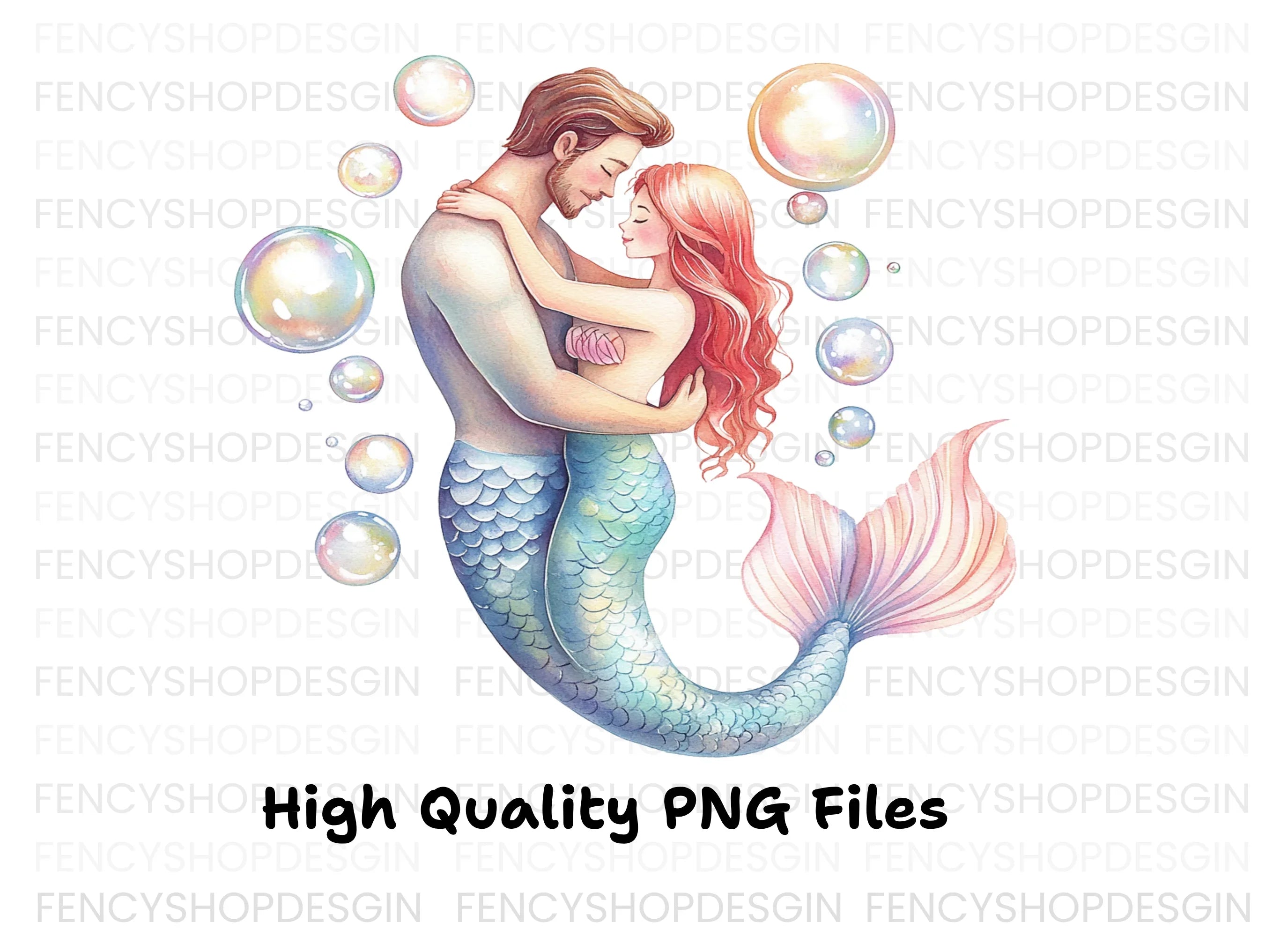 Romantic Mermaid Couple Bubbles Clipart Bundle