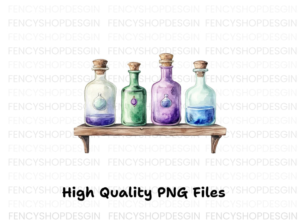 Potion Bottles on Wooden Shelf Clipart Bundle