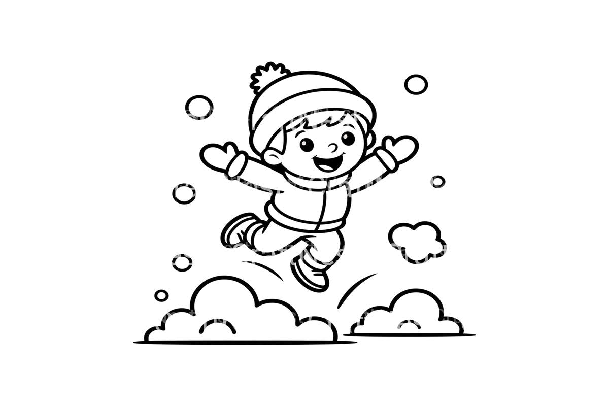 Happy Boy Playing in Snow Coloring Books