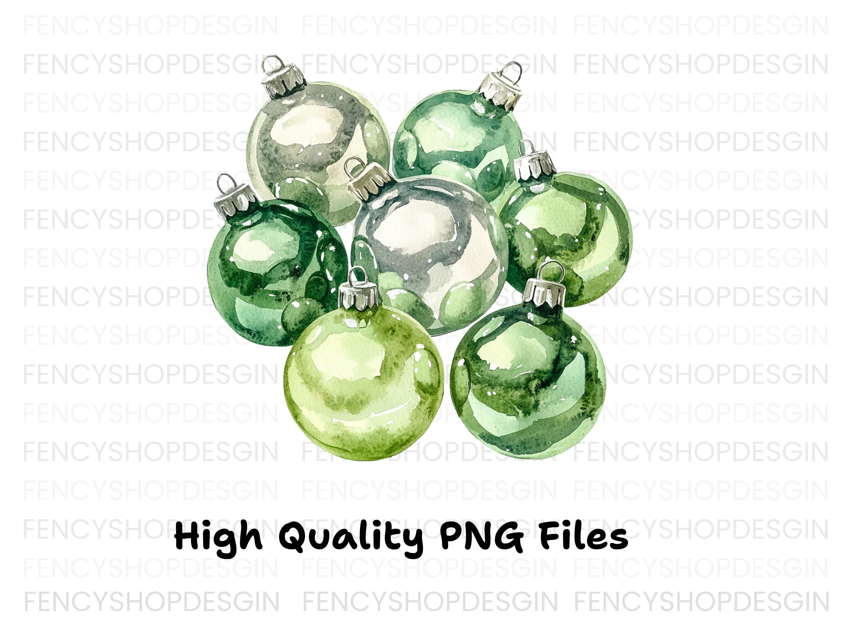 Pastel Green Silver Christmas Ornaments Clipart Bundle