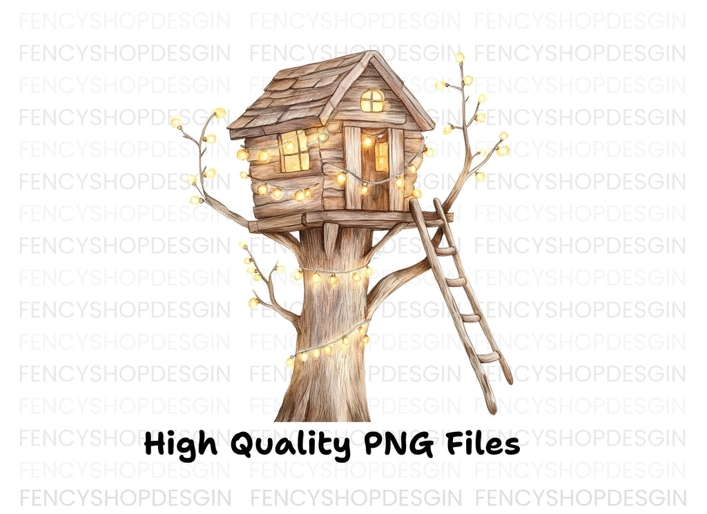 Cozy Treehouse with Glowing Lights Clipart Bundle