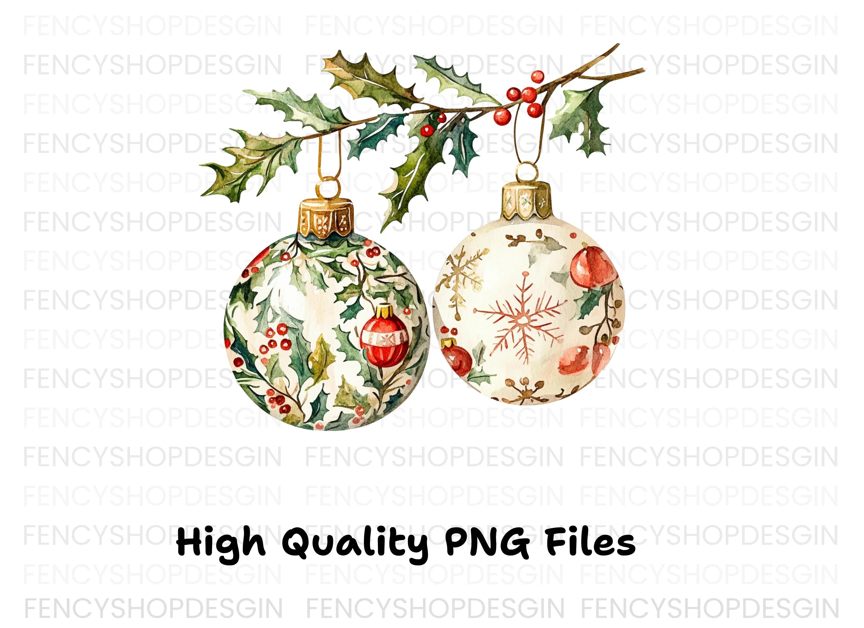Holly Branch Christmas Ornaments Clipart Bundle