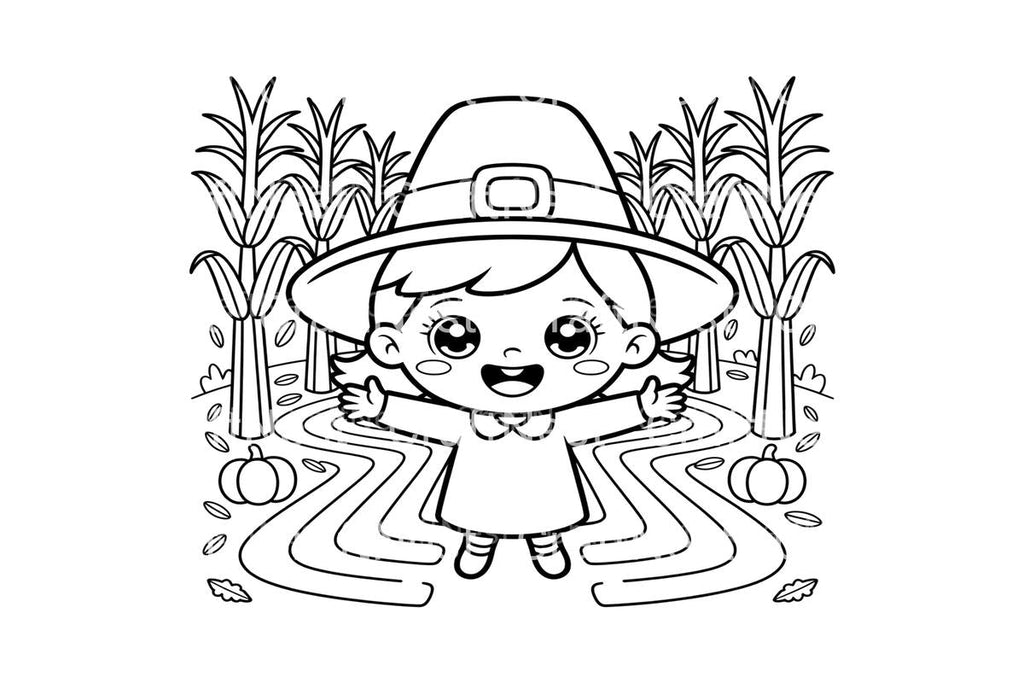 Cute Pilgrim Girl in Corn Maze Coloring Books