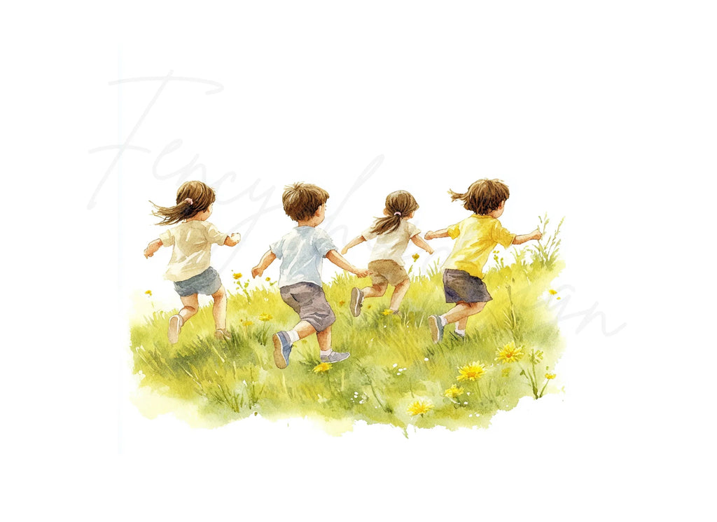 Kids Running in Grass Clipart Bundle