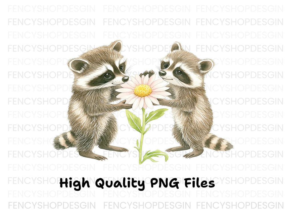 Cute Raccoons with Daisy Clipart Bundle