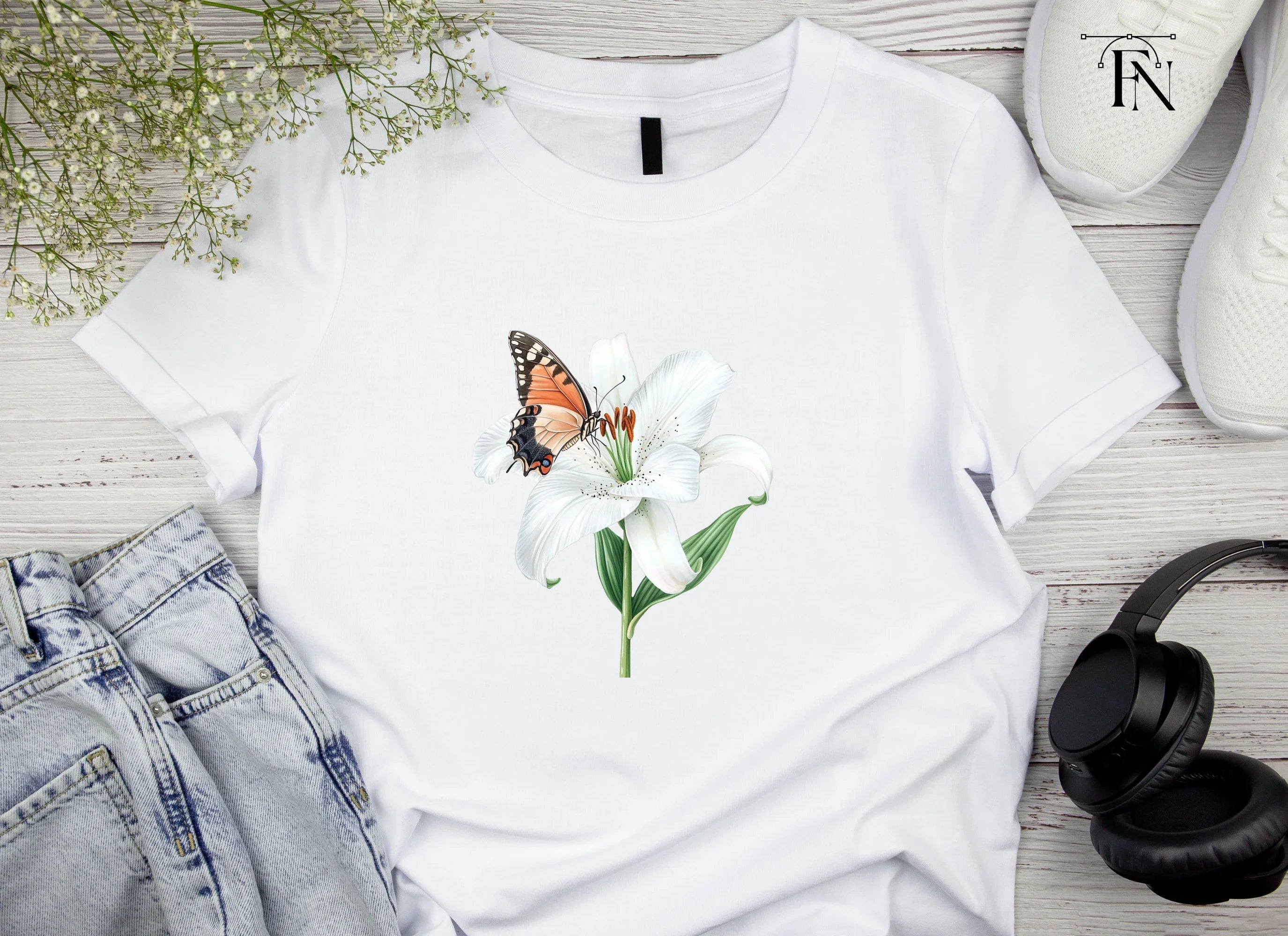 White Lily and Butterfly Clipart Bundle