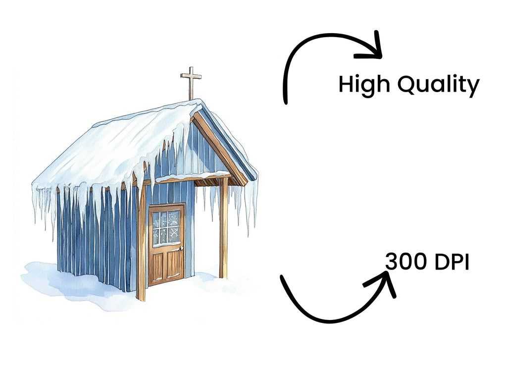 Snowy Rustic Cabins and Churches Clipart Bundle