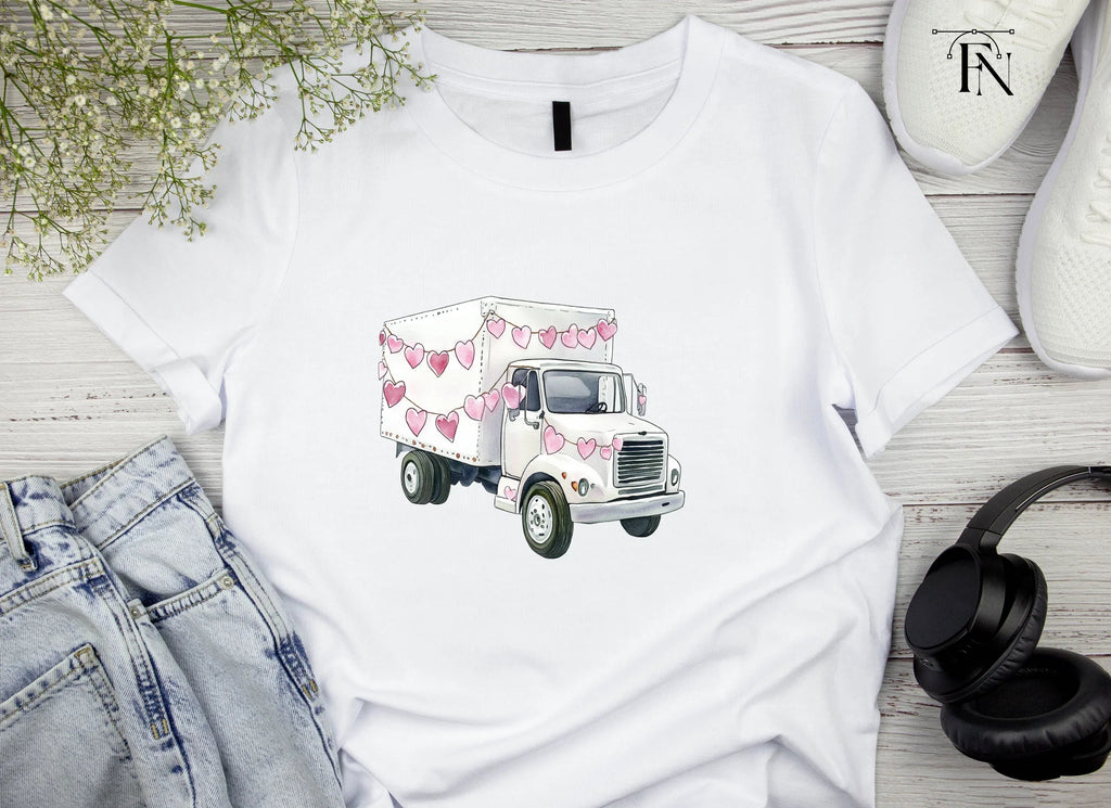 White Valentine Trucks with Heart Garlands Clipart Bundle