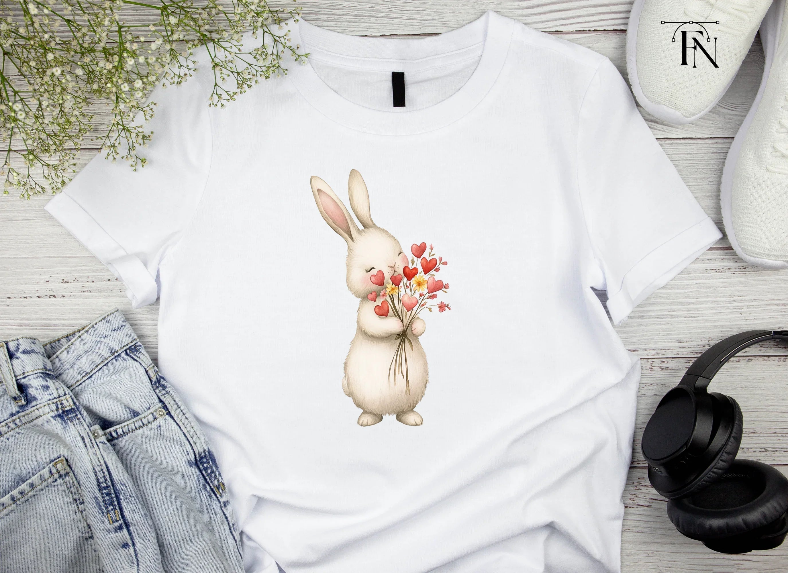 Cute Bunny with Flower Bouquets Clipart Bundle