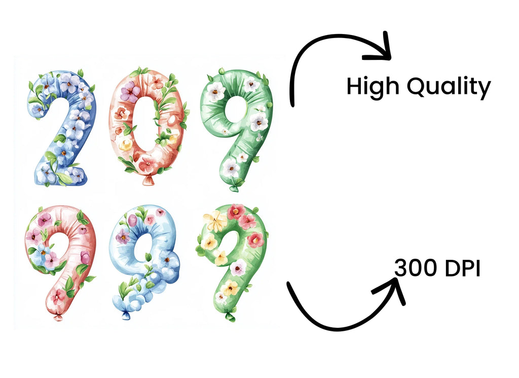 Floral Number Balloons Clipart Bundle
