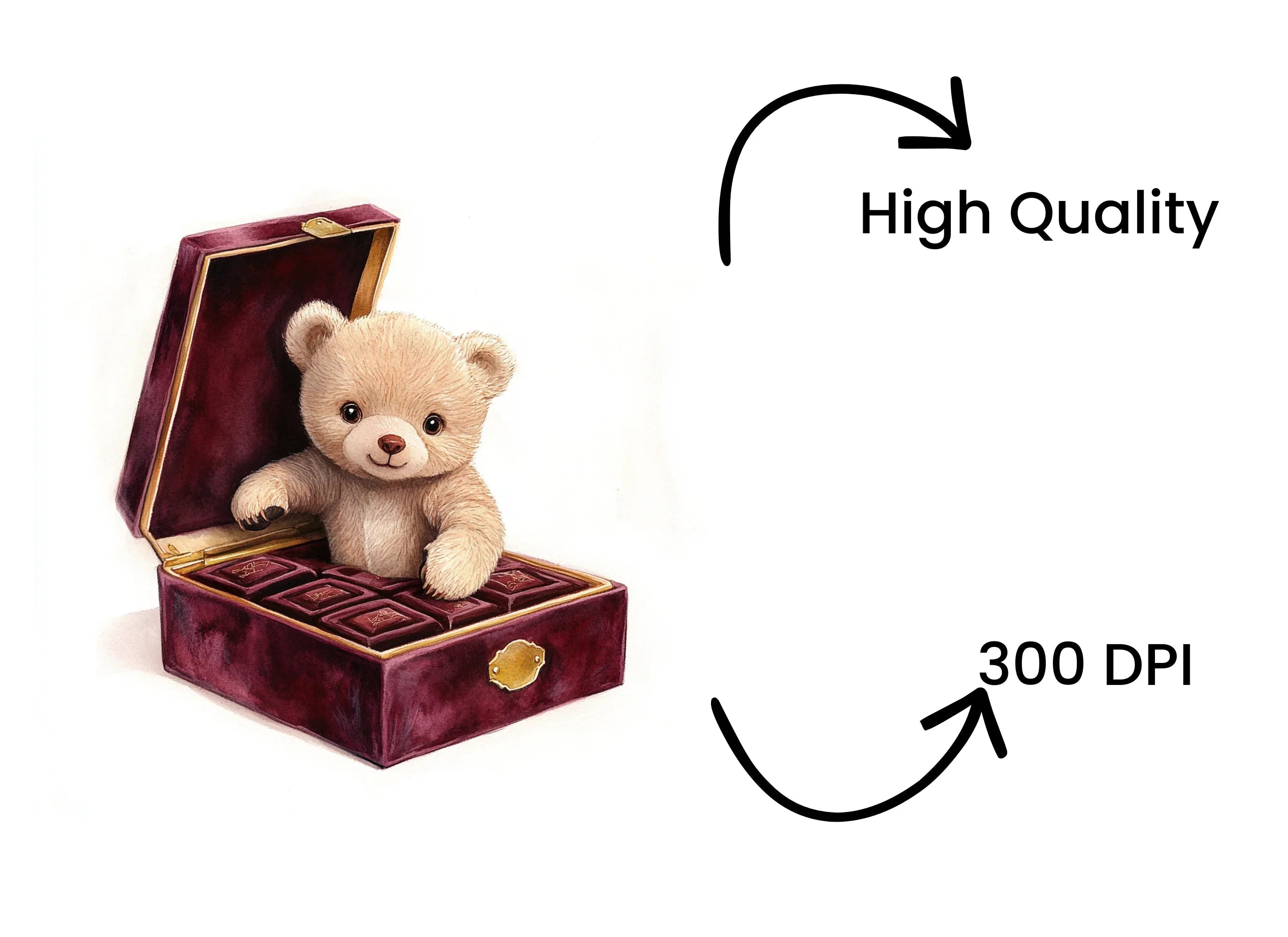 Cute Teddy Bear in Velvet Chocolate Box Clipart Bundle