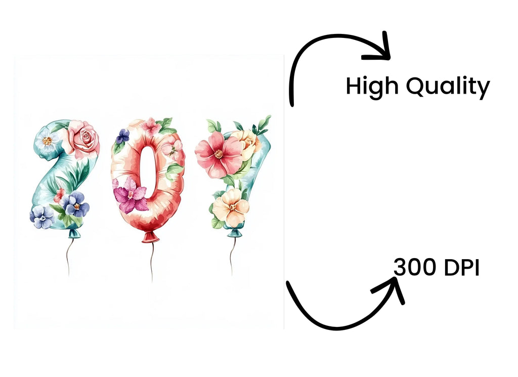 Floral Number Balloons Clipart Bundle