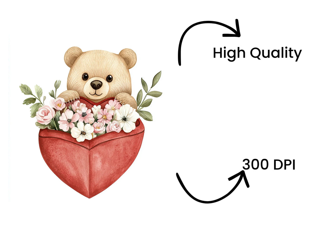 Cute Bear in Heart with Flowers Clipart Bundle