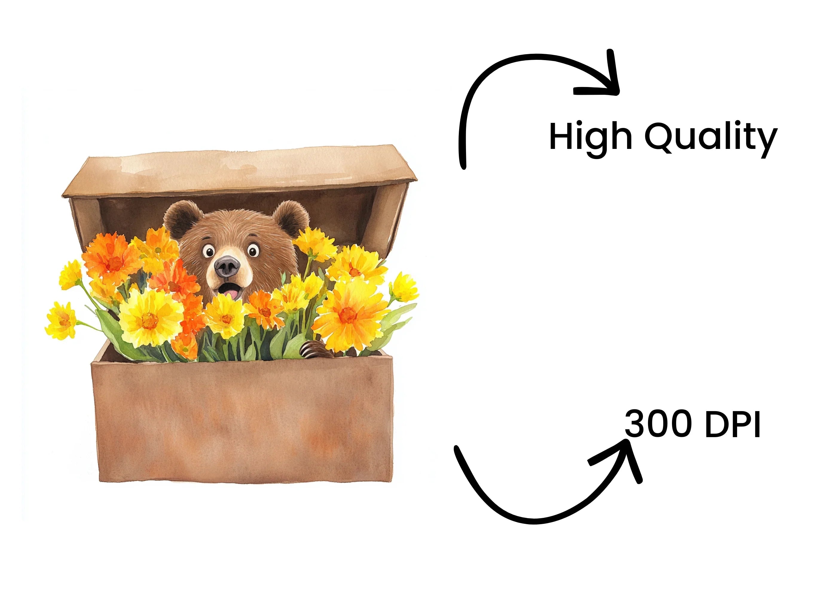 Cute Bear with Marigold Flowers Clipart Bundle