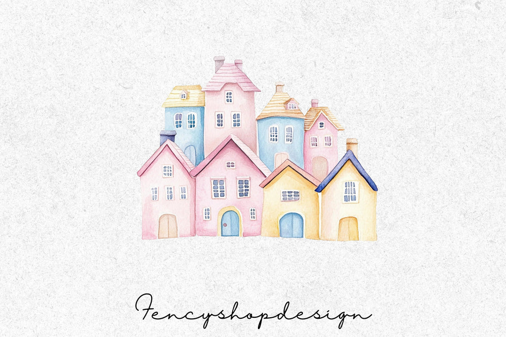 Pastel Houses Village Clipart Bundle