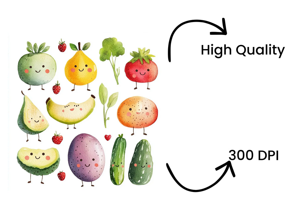 Cute Kawaii Fruits and Vegetables Clipart Bundle