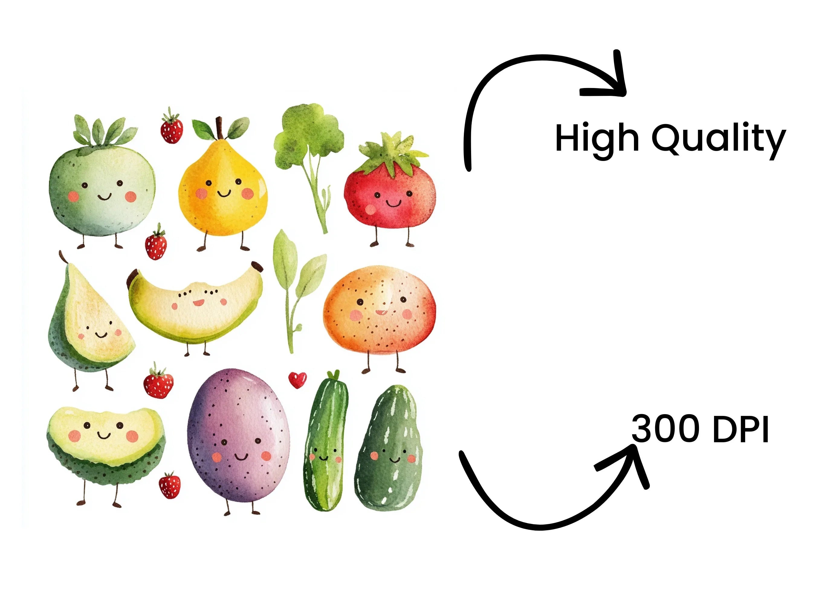 Cute Kawaii Fruits and Vegetables Clipart Bundle