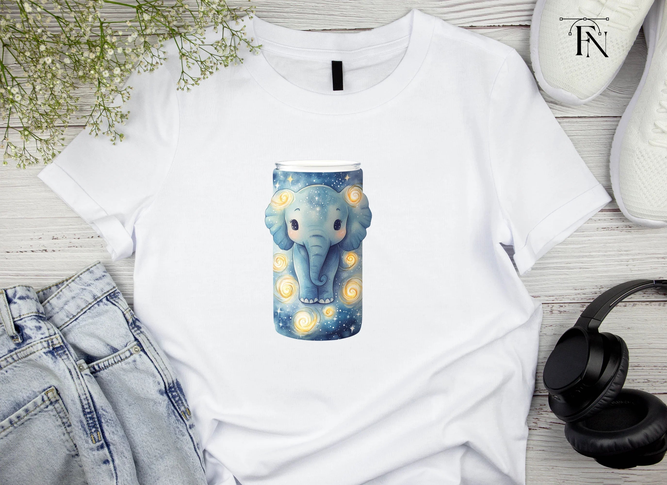 Cute Elephant in Starry Night Clipart Bundle