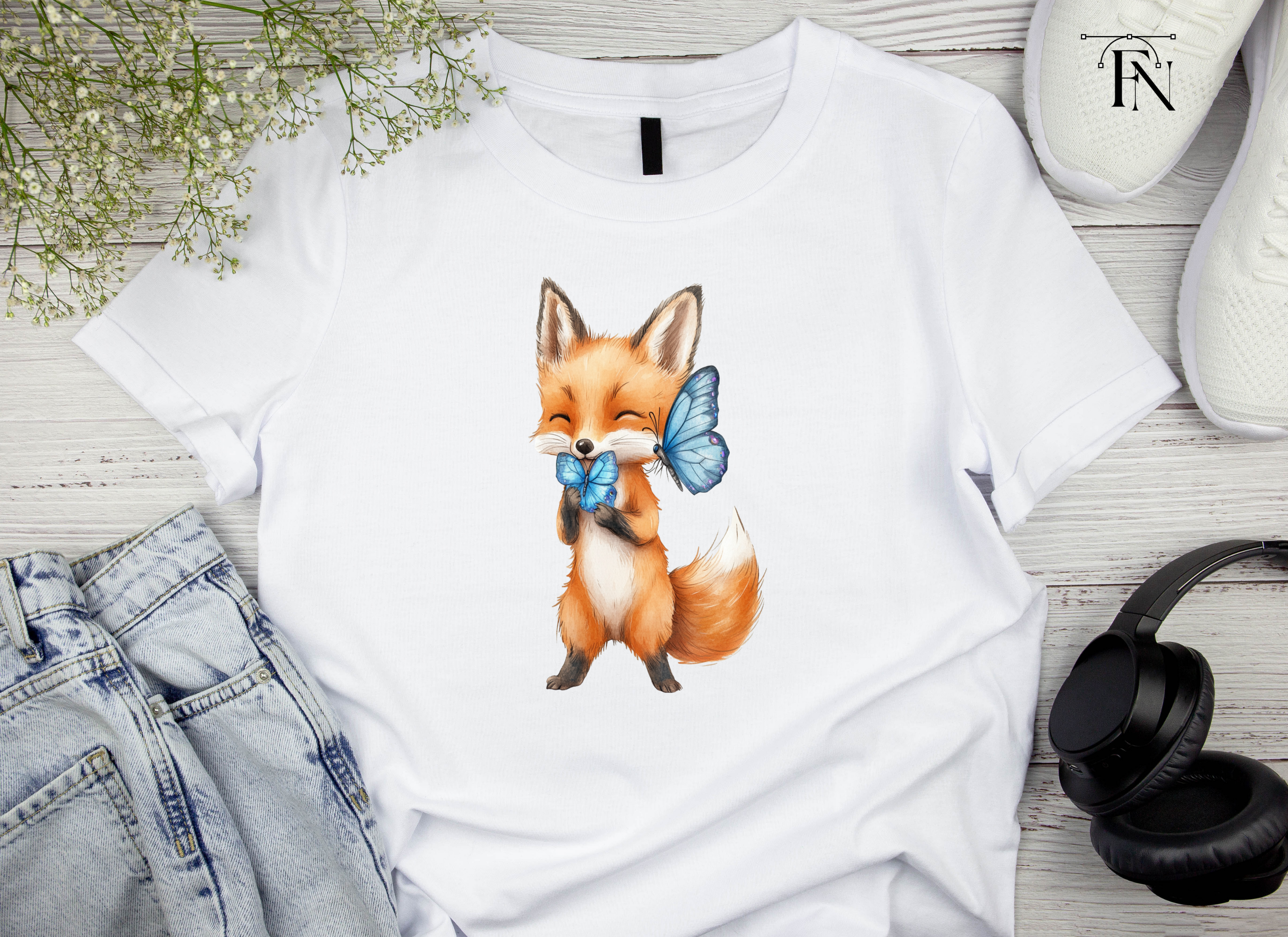 Cute Fox with Blue Butterflies Clipart Bundle