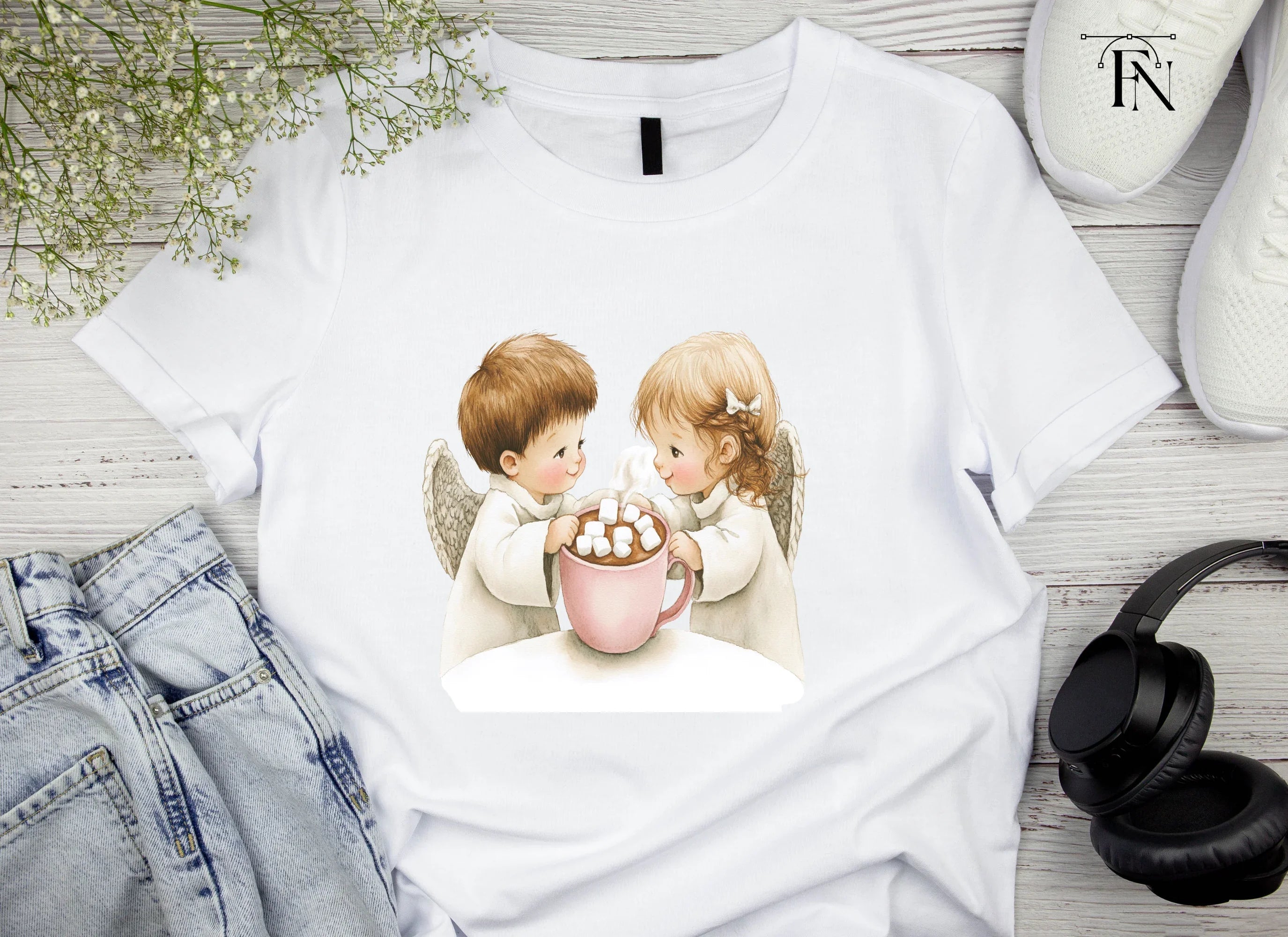 Cute Angels with Hot Cocoa Clipart Bundle
