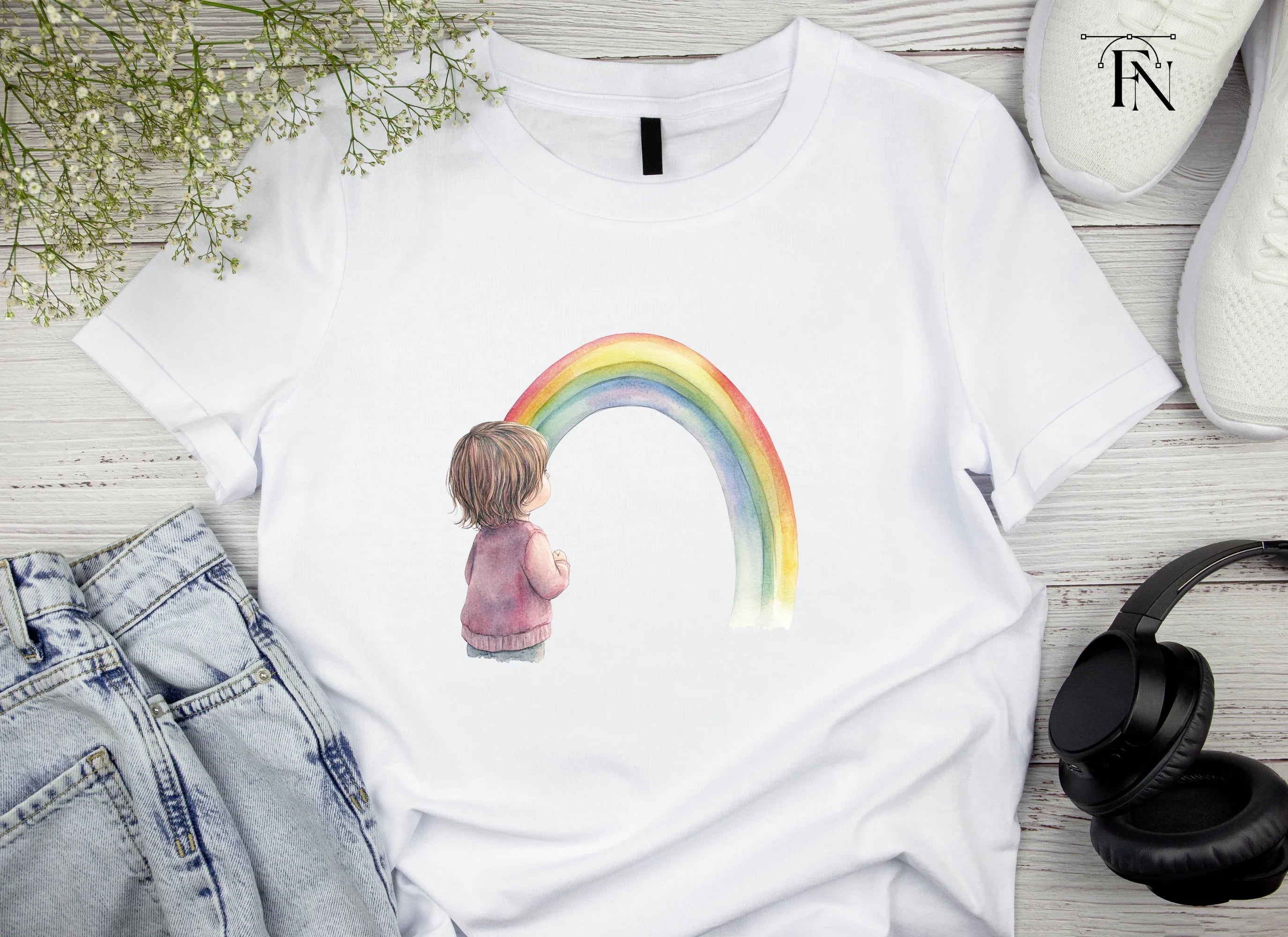 Girls Looking at Rainbow Clipart Bundle