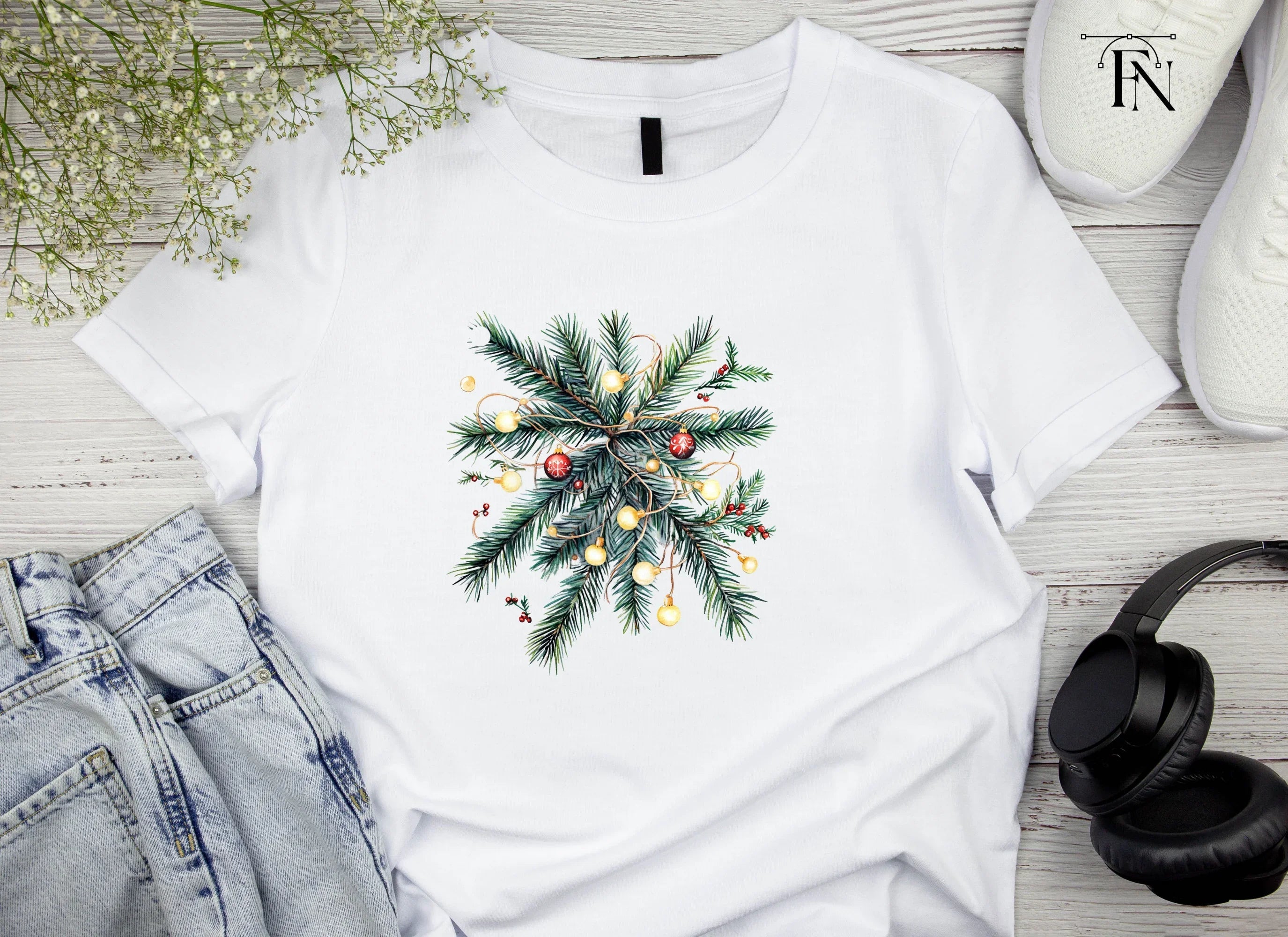 Christmas Pine Branch with Lights Clipart Bundle