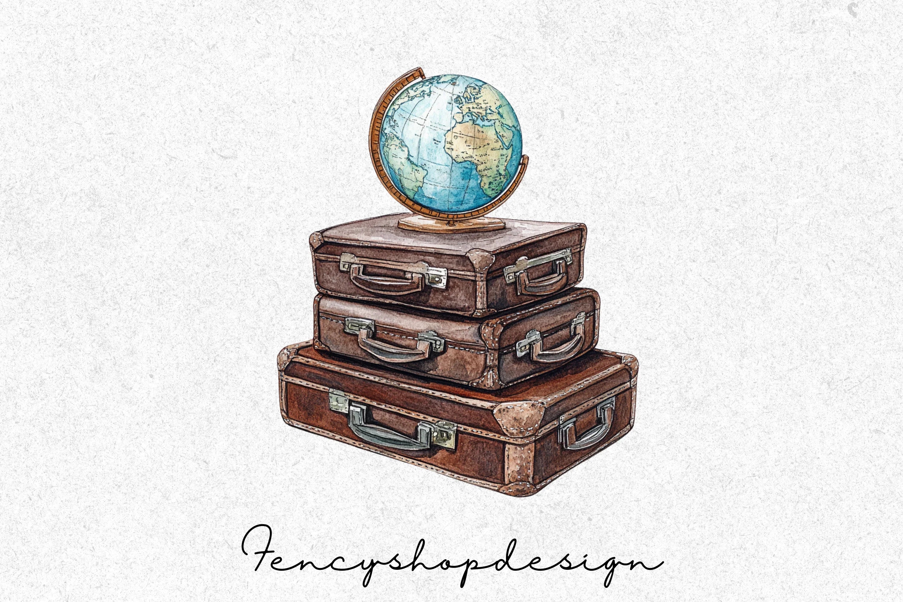 Vintage Travel Suitcase Globe Clipart Bundle