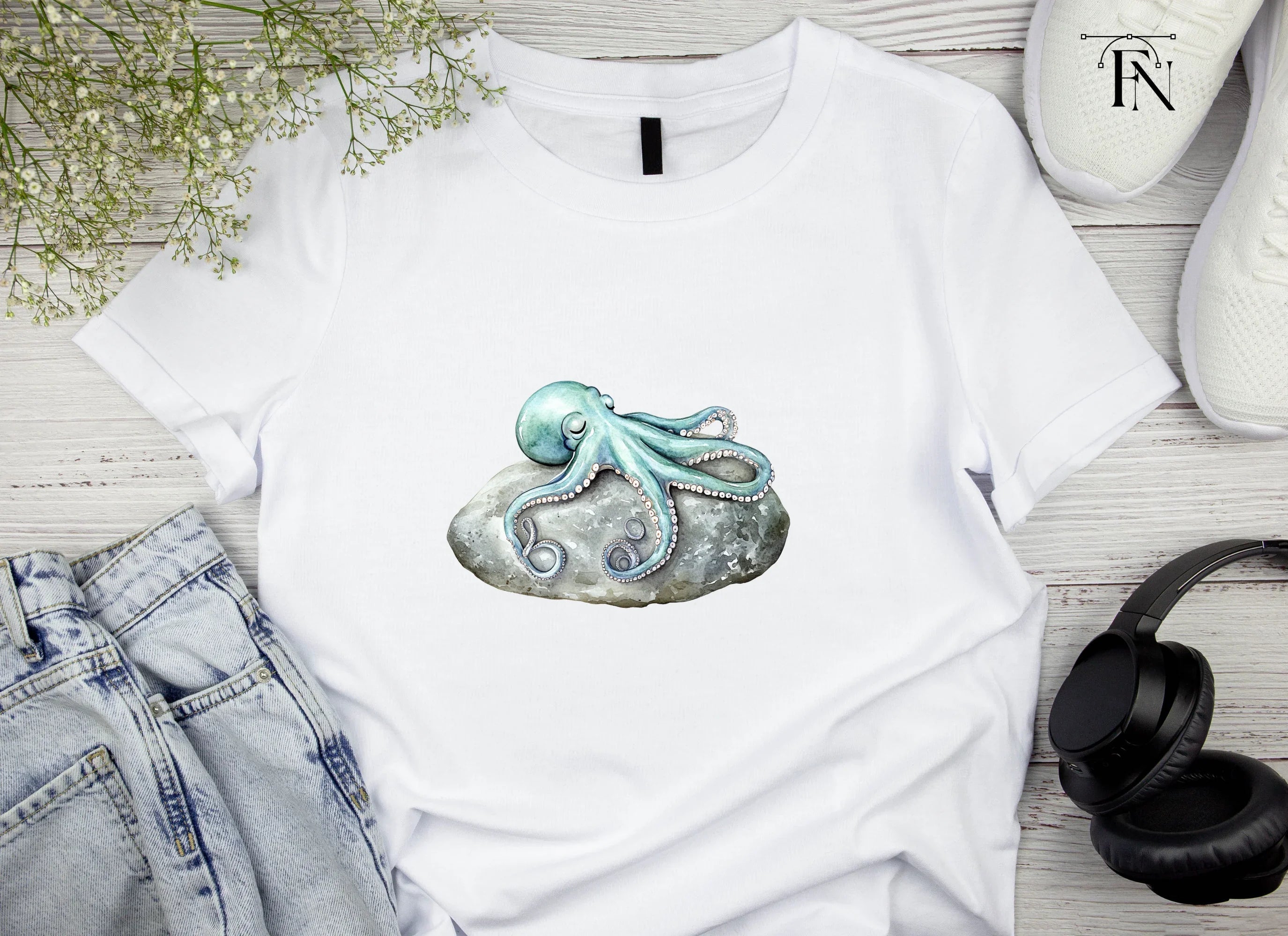 Blue Octopus on Rock Clipart Bundle