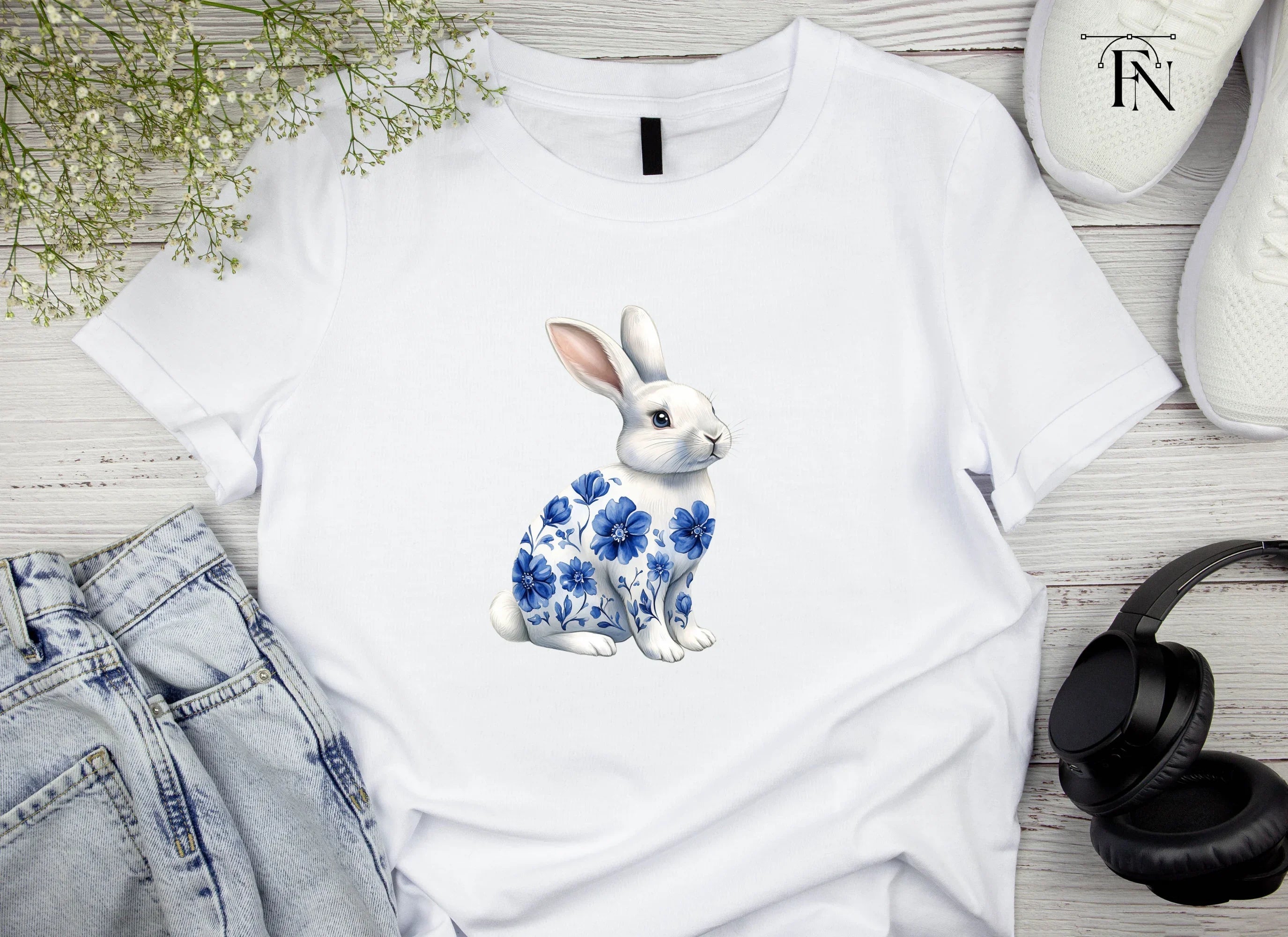 Blue and White Floral Bunny Clipart Bundle