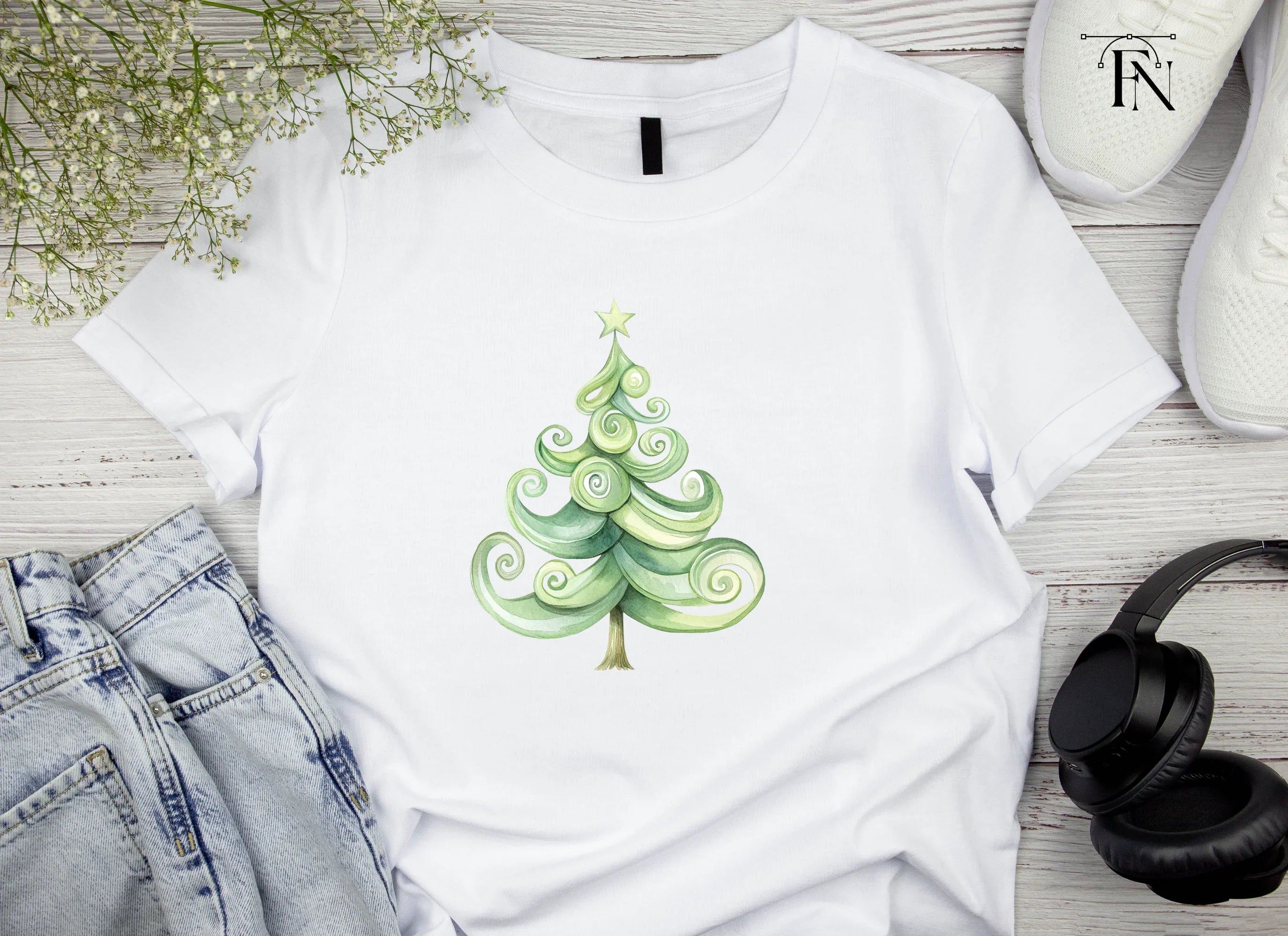 Whimsical Swirl Christmas Tree Clipart Bundle