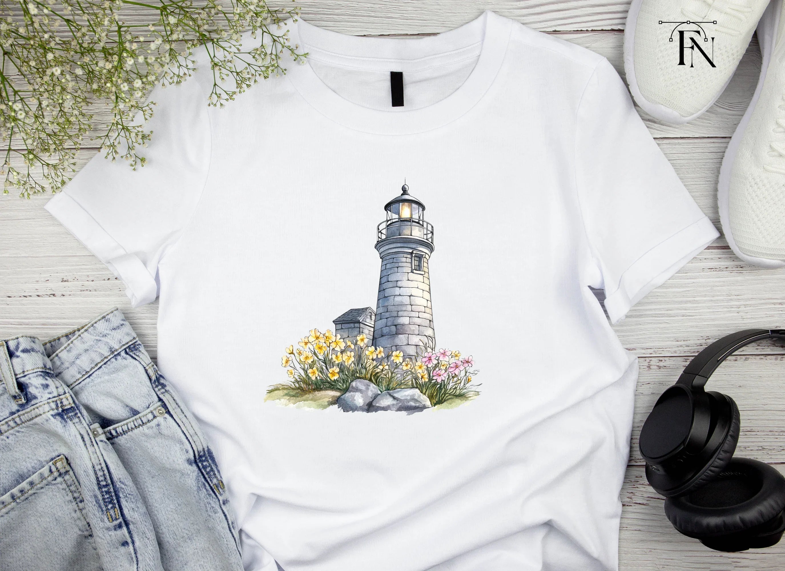 Stone Lighthouse with Flowers Clipart Bundle