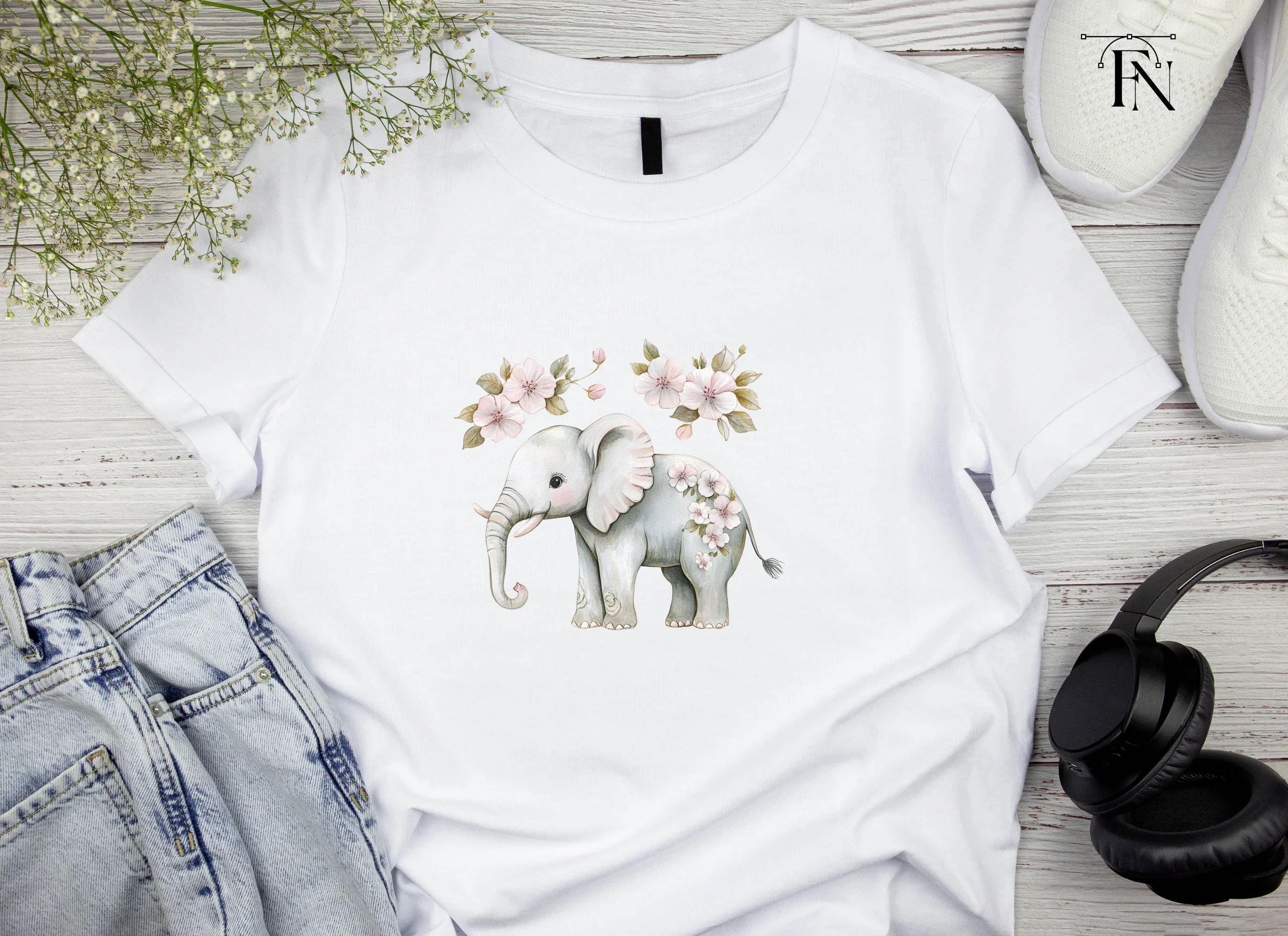 Cute Elephant with Flowers Clipart Bundle