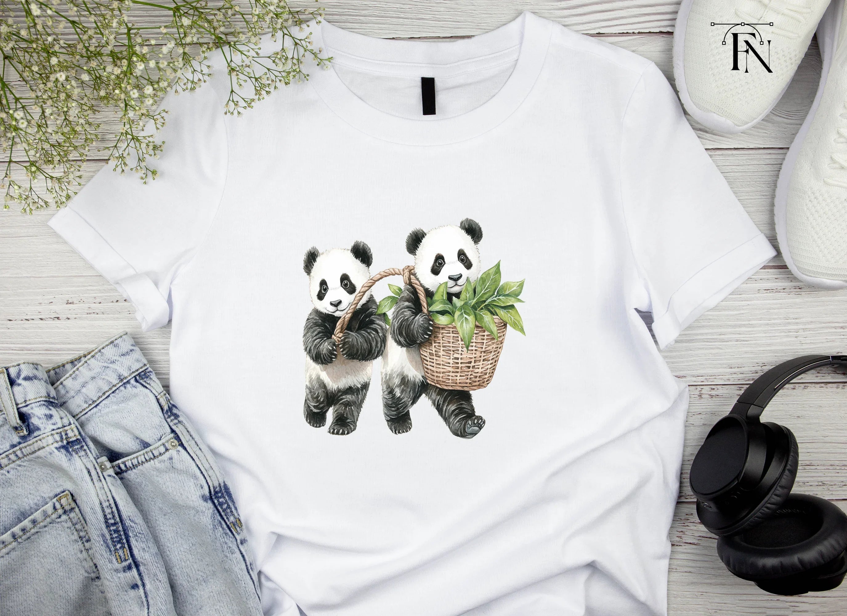 Panda with Baskets of Leaves Clipart Bundle