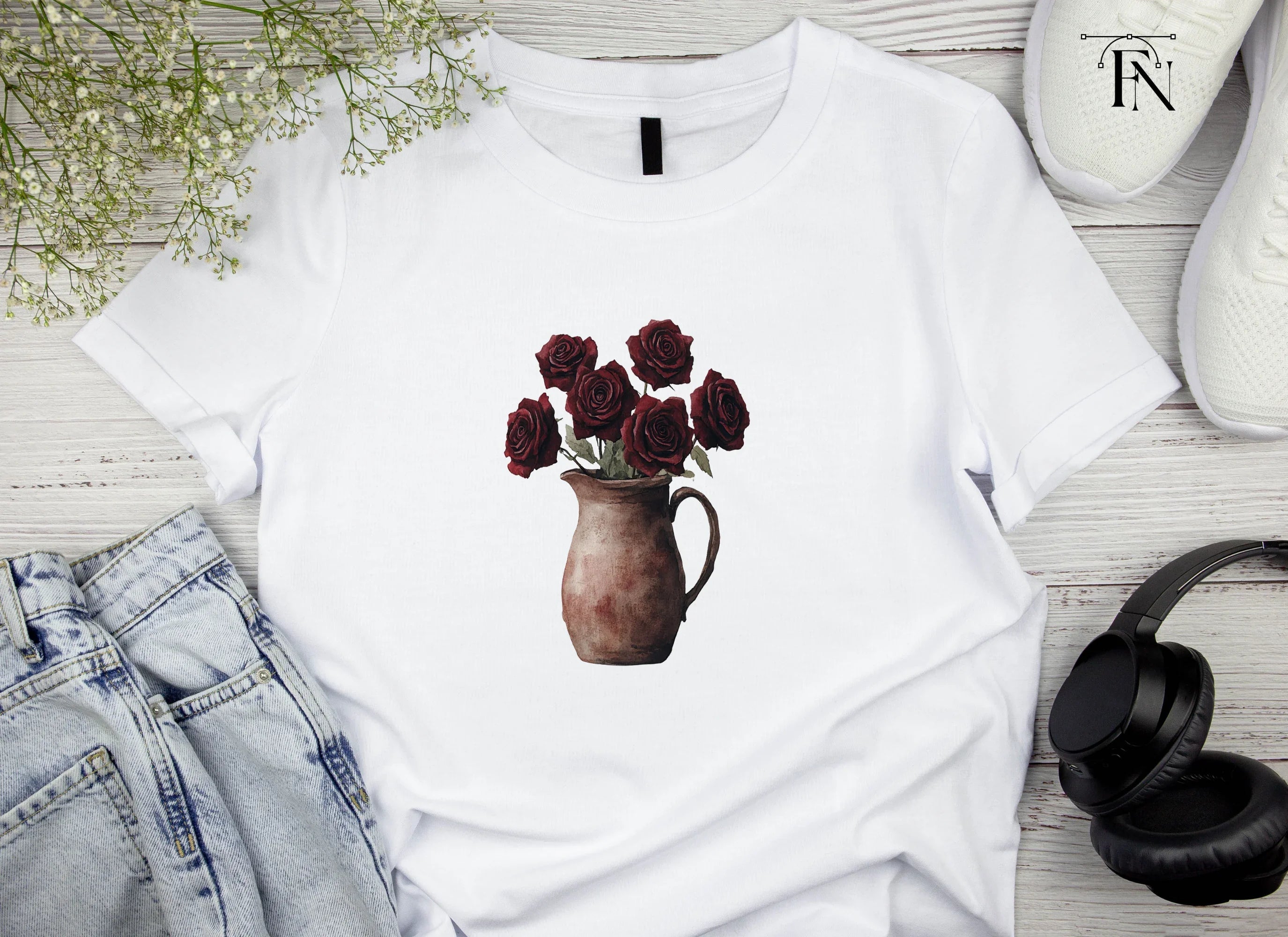 Dark Red Roses in Rustic Pitchers Clipart Bundle